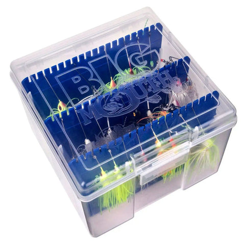 Big Mouth Spinnerbait Box Tackle Organizer With Four Compartments Holds Up To Sixty Spinnerbaits, clear view storage with lures inside.