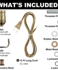 DIY Lamp Making Kit With 12 Foot Brown Cord And 3-Way Socket For Repair Or Rewire Of Table And Floor Lamps, Includes Harp Base, Decorative Neck