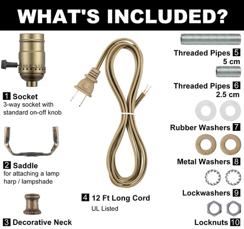 DIY Lamp Making Kit With 12 Foot Brown Cord And 3-Way Socket For Repair Or Rewire Of Table And Floor Lamps, Includes Harp Base, Decorative Neck