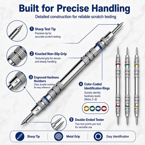 Premium Mohs Hardness Test Kit 2 to 9 Scale With 4 Testing Pencils And Glass Plate For Rock Hounds Gem Nerds And Geology Buffs Lab Grade Precision Quick Mineral ID And Accurate Hardness Readings metal scratch tester with knurled grip and numbered tips