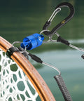 Ultra Strong Magnetic Release Holder With Coiled Lanyard And Aluminum Alloy Hook In Blue attached to fishing net