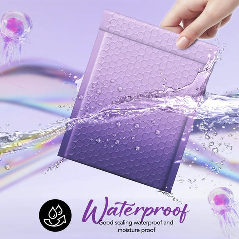 Gradient Purple 6x10 Inch Opaque Bubble Mailer in water showing waterproof feature, thick bubble padding, strong adhesion