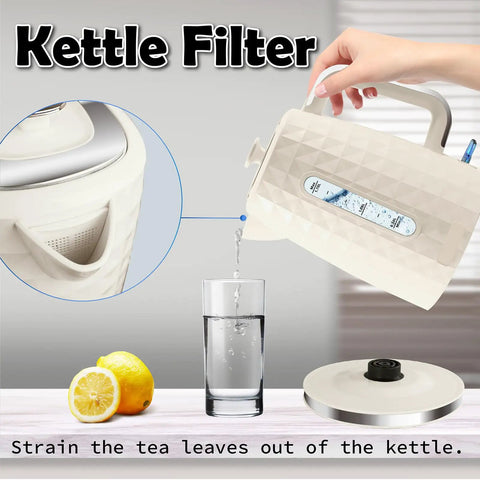 1.7L Electric Kettle With Fast Boil 1200W pouring water into glass, featuring 360 Degree Cordless Design, beige finish