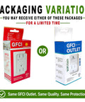 Showcasing two packaging variations for the 15 Amp Wr White Gfcis Outlet Bundle with GFCI labels.