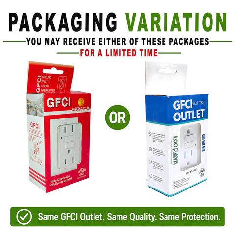 Showcasing two packaging variations for the 15 Amp Wr White Gfcis Outlet Bundle with GFCI labels.