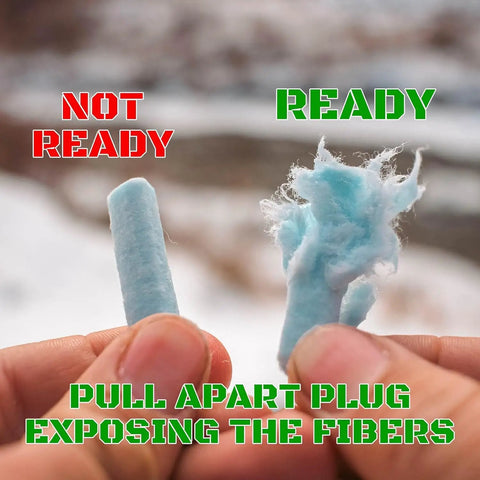Close-up of Starter Plugs 50 Pack For Extreme Winter Weather Fire Lighting Survival Outdoors showing preparation steps.