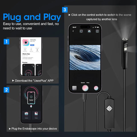 Plug and play setup for 1920P HD Endoscope With 8 LED Lights and a Flexible 32.8ft Borescope Camera IP67 Waterproof Inspection Tool on phone.
