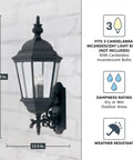 Outdoor Wall Lantern Black Finish With Modern Scroll Detailing, Framed Backplate, Weatherproof Lighting Dimensions Shown