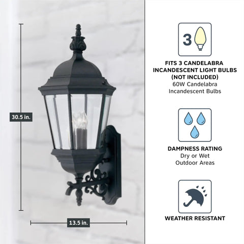 Outdoor Wall Lantern Black Finish With Modern Scroll Detailing, Framed Backplate, Weatherproof Lighting Dimensions Shown