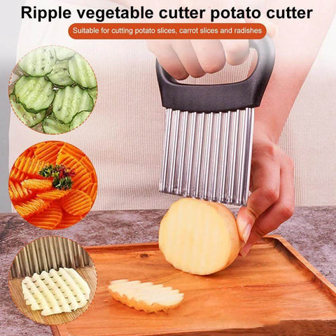 Stainless steel crinkle cutter with black handle for potatoes and vegetables; waffle fry cutter