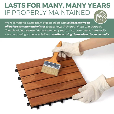 Gloved hands applying oil to Interlocking Acacia Wood Deck Tiles Pack Of 10 12x12 Inches Waterproof All Weather Outdoor Patio Flooring.
