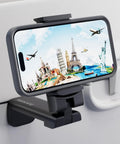 Airplane Travel Phone Holder Mount For Flying Universal Must Have Hands Free Phone Stand attached to tray with phone