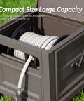 Heavy Duty Steel Garden Hose Reel Deck Box holds 125 ft of 5/8 inch hose, shown with manual crank and stable base on grass.