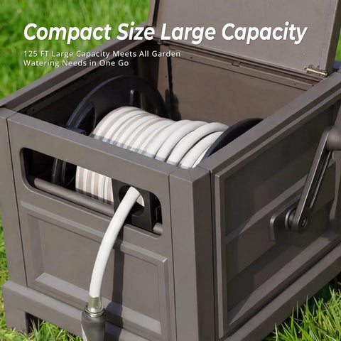 Heavy Duty Steel Garden Hose Reel Deck Box holds 125 ft of 5/8 inch hose, shown with manual crank and stable base on grass.