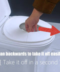 User demonstrating how to remove the No Sweat Portable Potty For Toddler Pink Travel Training Seat from a standard toilet.