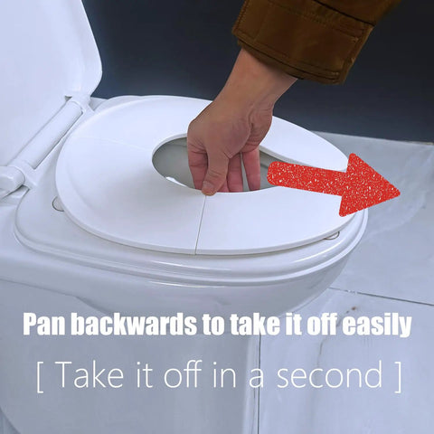 User demonstrating how to remove the No Sweat Portable Potty For Toddler Pink Travel Training Seat from a standard toilet.