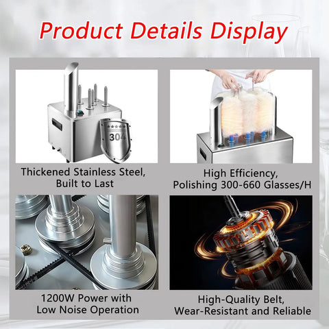 Stainless Steel Glass Polisher Machine For Commercial Use with 3, 5, 8-head polisher and 140F instant drying feature.