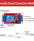 4 Pack 5V Relay Module One Channel Optocoupler with High-Current Switch for Home Projects diagram showing normally closed wiring setup.
