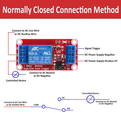4 Pack 5V Relay Module One Channel Optocoupler with High-Current Switch for Home Projects diagram showing normally closed wiring setup.