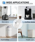 Infographic showing self adhesive caster wheels attached to blenders, coffee maker, humidifier, and trash can for easy movement.