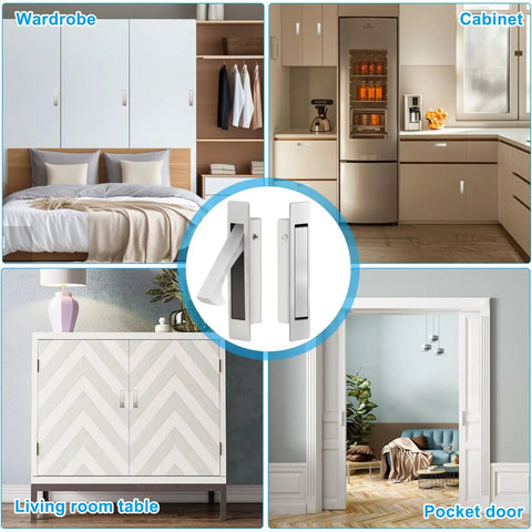 Heavy Duty Satin Nickel Pocket Door Handles Featuring Flush Edge Pull Design With Self Retracting Glide displayed in room settings including wardrobe and cabinet.