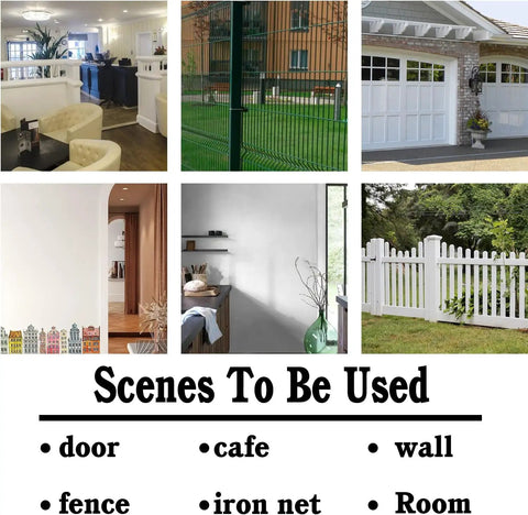 Collage of interior and exterior scenes: office lounge, metal fence, garage door, interior room, garden fence, showcasing diverse settings.