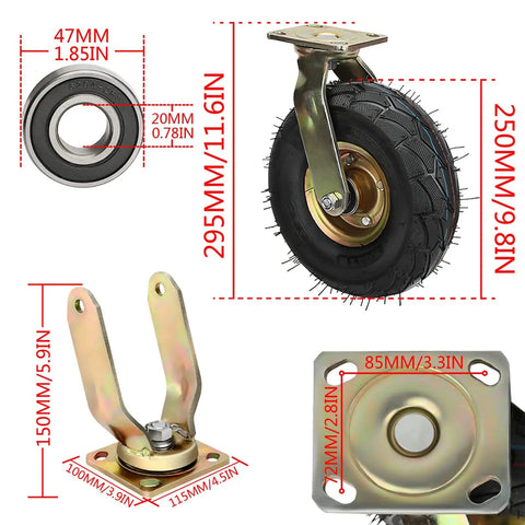 Premium Set Of Four 8 And 10 Inch Heavy Duty Rubber Swivel Caster Wheels with dimensions, showcasing tough design and precision parts.