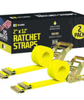 Heavy Duty Ratchet Straps With E Track Hooks Dual Pack Yellow Cargo Tie Downs, 2" x 12', features quick-lock design.