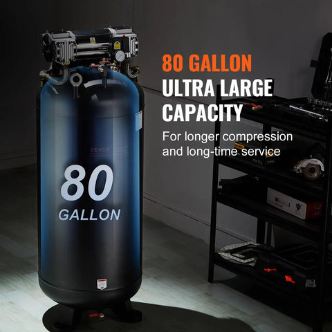 Quiet Badass 80 Gallon Air Compressor 6.5 HP Oil Free Tank showing large tank with 80 gallon capacity for industrial use.
