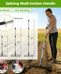 Heavy Duty 63 Inch Bow Rake With 17 Tines All Metal Garden Rake For Moving Gravel Loosening Soil Leveling Ground, woman using adjustable handle.