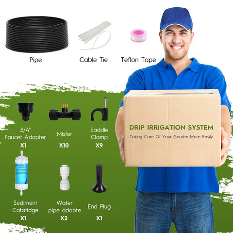 Man holding box labeled 'Drip Irrigation System' with components including pipe, misters, and fittings; Outdoor Misting Cooling System 30 Ft Kit With Brass Nozzles And UV Tubing DIY Patio Garden Cooler For Pool BBQ And Greenhouse Water Saving High Pressure Mister With Clog Free Filtration.