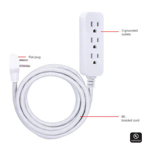 Three-Outlet Power Strip With Surge Protection, Pack Of 10, 8 Ft Braided Extension Cord, Grounded Flat Plug, 250 Joules, UL Listed