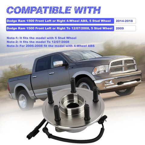 Heavy Duty Front Wheel Hub Bearing Assembly With ABS For Ram 1500 2006 2007 2008 2009 4 Wheel ABS Compatible 5 Stud Front