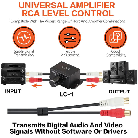 Universal Amplifier RCA Level Control for audio systems, flexible adjustment, stable signal transmission, model LC-1.
