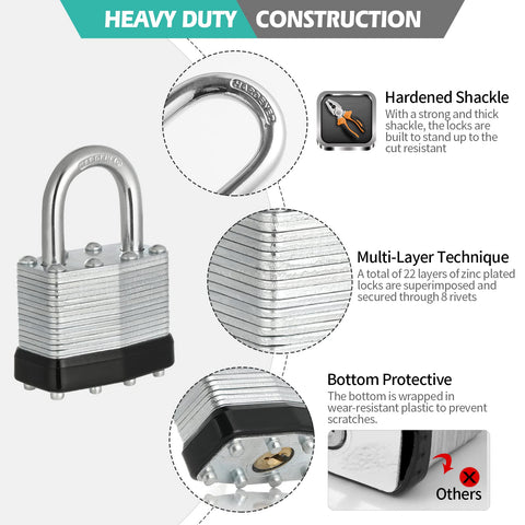 Image of Beefy Keyed Alike Nickel Plated Padlocks Set of 12, showing heavy duty construction details and 1 inch shackle features.