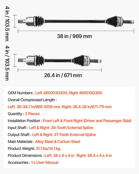 Hyundai Sonata Front CV Axle Shaft Assembly Set For 2011 2014 Two Piece Driver And Passenger Sides dimensions and materials.