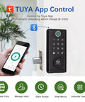Top Notch Smart Door Lock With Keyless Entry Deadbolt Build, Slick Fingerprint Biometric Scanner, Integrated Keypad And Phone App Control displaying Tuya app connectivity with a smartphone.