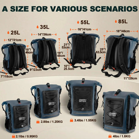 Heavy Duty Waterproof Dry Bag Backpack 35L 55L 85L With Roll Top Closure For Travel And Outdoors, showing size options