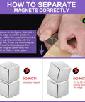Instruction on separating Beefy Ultra Strong 25x25x25mm Neodymium Block Magnets, showing proper and improper handling methods.