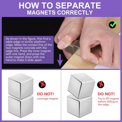 Instruction on separating Beefy Ultra Strong 25x25x25mm Neodymium Block Magnets, showing proper and improper handling methods.