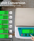 Rechargeable Kitchen Scale Pro Grade Ultra Precise 0.2g Accuracy, 22lb Capacity In 304 Stainless Steel With Backlit LCD, Tare And PCS Functions, Six Unit Conversion Covering G Oz Lb Kg Ml Ct For Baking Sourdough Coffee Beans And Meal Prep with backlit LCD display and control buttons.