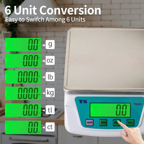 Rechargeable Kitchen Scale Pro Grade Ultra Precise 0.2g Accuracy, 22lb Capacity In 304 Stainless Steel With Backlit LCD, Tare And PCS Functions, Six Unit Conversion Covering G Oz Lb Kg Ml Ct For Baking Sourdough Coffee Beans And Meal Prep with backlit LCD display and control buttons.