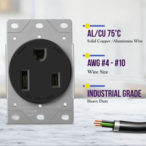 Heavy Duty NEMA 6 50R Power Outlet 50 Amp 250V Receptacle For Welders Plasma Cutters Electric Ranges Dryers And More 2 Pole 3 Wire Black 65500 BK Durable shown with wire specifications