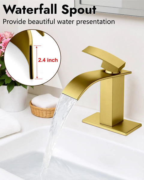 Waterfall Spout Single Handle Bathroom Faucet For 1 Hole Sink With Ultra Wide Water Flow Sleek Modern RV Lavatory Vanity Tap Chrome Finish With Water Hose No Drain Short Body Made From SUS304 Stainless Steel in gold color
