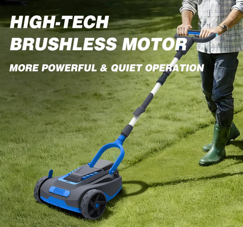 Cordless 9 Inch Mini Lawn Mower With 6000 RPM Brushless Power, 3 Adjustable Cutting Heights From 1.5 To 2.3 Inches, 20V 4.0Ah Battery And Charger Included, Smart Lift Sensor For Small Yards, No Fuss Quick Garden Care And Lawn Cleanup. Compact cordless mini lawn mower on grass