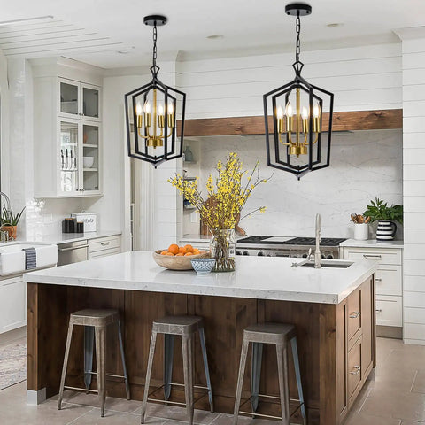 Four Light Dining Room Pendant Light Fixture Over Table Dope Black Farmhouse Chandelier in Kitchen with Brushed Brass Finish