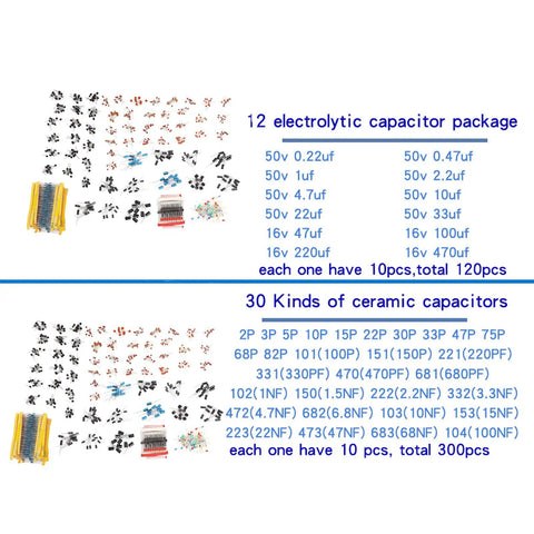 No Sweat Electronics Tinkerer Kit 1400 Piece Beginner Starter Pack with solid storage container, 12 electrolytic & 30 ceramic capacitors.