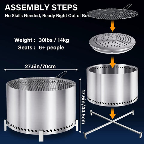 27.5 Inch Smokeless Fire Pit With Stand And Grill Rack assembly steps showing parts and dimensions for outdoor use