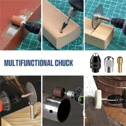 High Performance Keyless Collet Set For 0.8 To 3.2mm Bits Secure Brass Hold Fits Most Rotary Tools Perfect For Grinding Engraving And Polishing Tasks in use with various bits on wood and metal.
