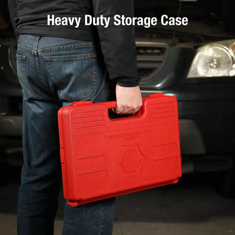 Person holding the heavy duty case for Beefy Half Inch Drive Impact Socket Set With Double Deep Sockets And Bonus Flip Sockets.